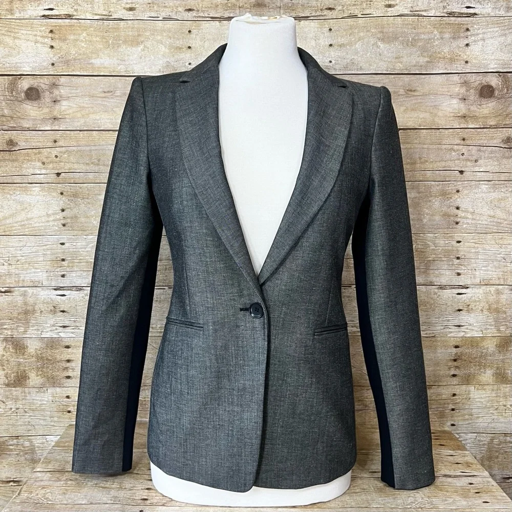 BCBGMAXAZRIA Womens Charcoal Gray Contrast Sleeve‎ Single Button Blazer Jacket